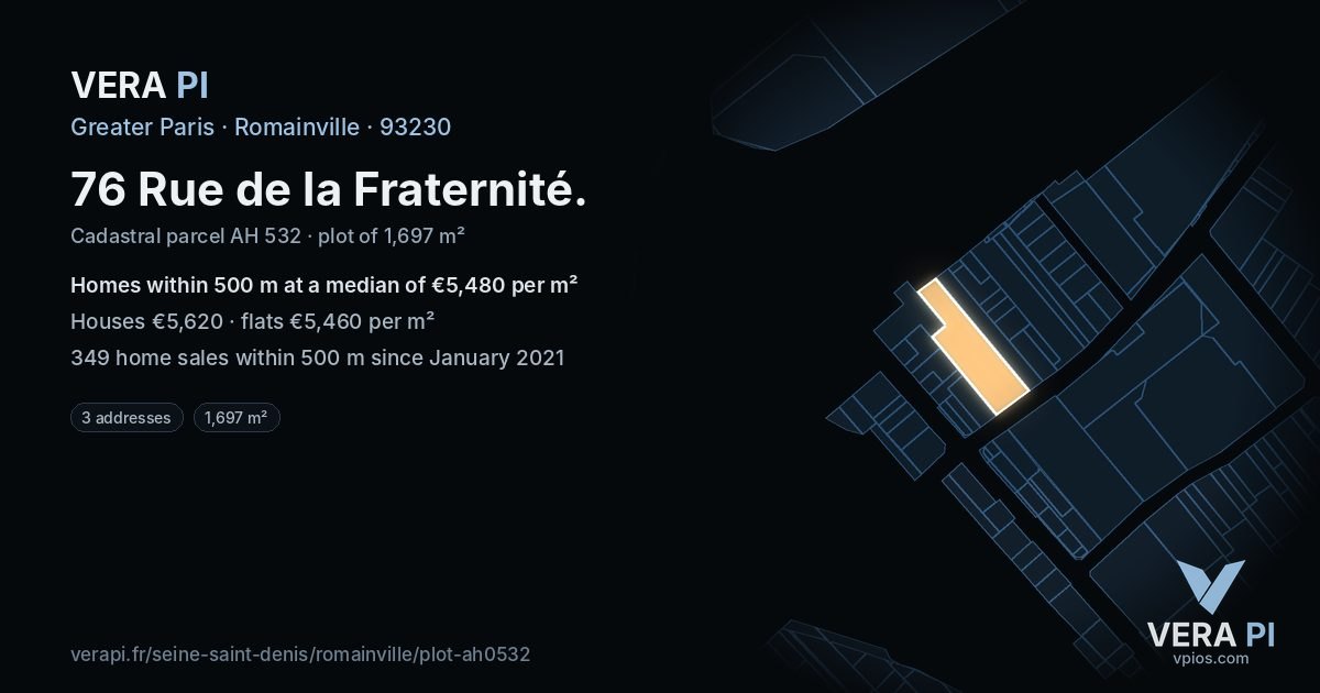 76 Rue de la Fraternité, Romainville at night – the plot lit, the parcels around coloured by the prices near them