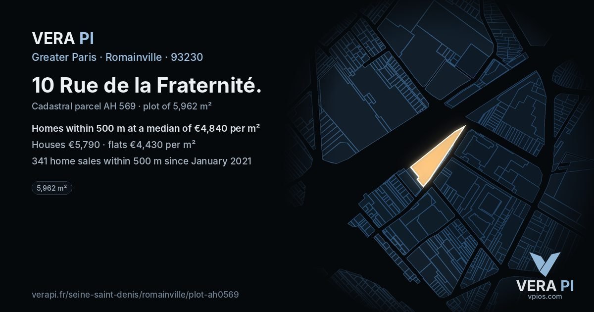 10 Rue de la Fraternité, Romainville at night – the plot lit, the parcels around coloured by the prices near them