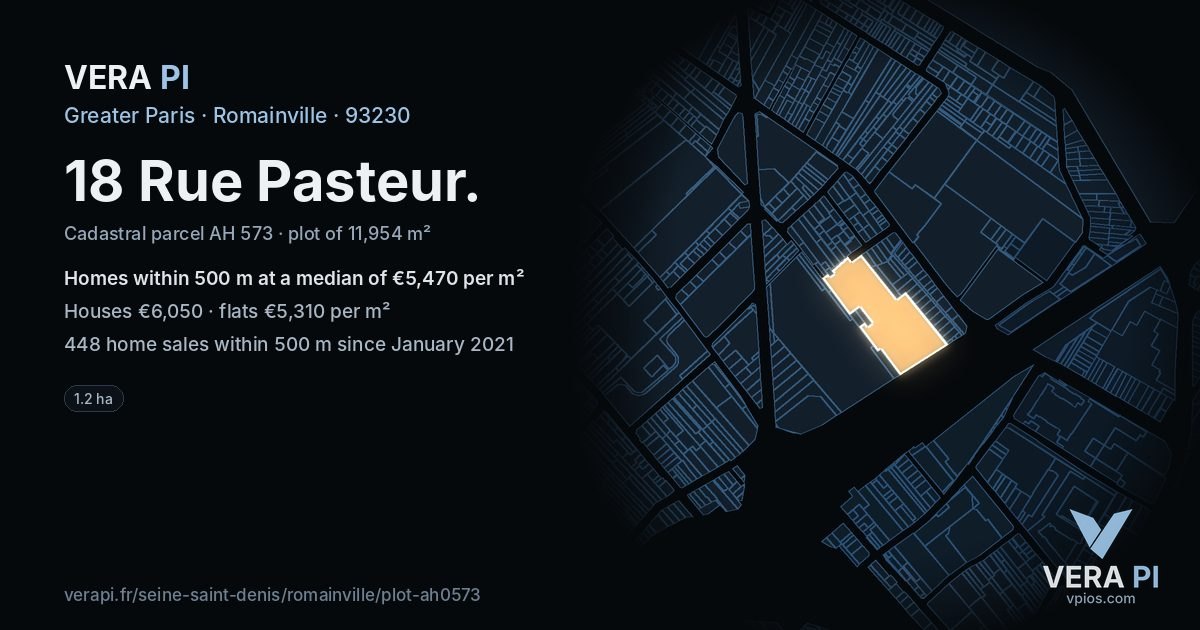 18 Rue Pasteur, Romainville at night – the plot lit, the parcels around coloured by the prices near them