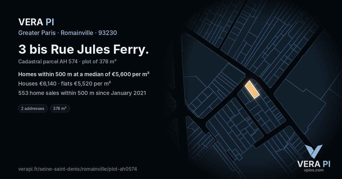3 bis Rue Jules Ferry, Romainville at night – the plot lit, the parcels around coloured by the prices near them