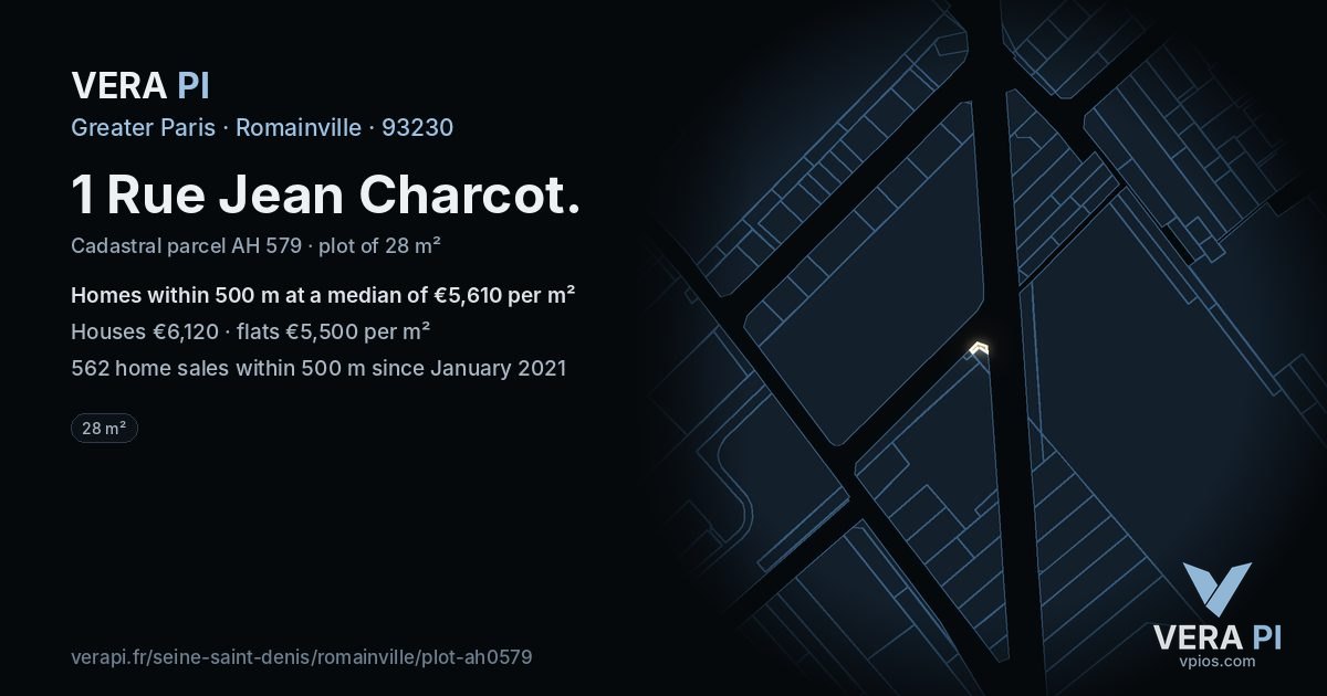 1 Rue Jean Charcot, Romainville at night – the plot lit, the parcels around coloured by the prices near them