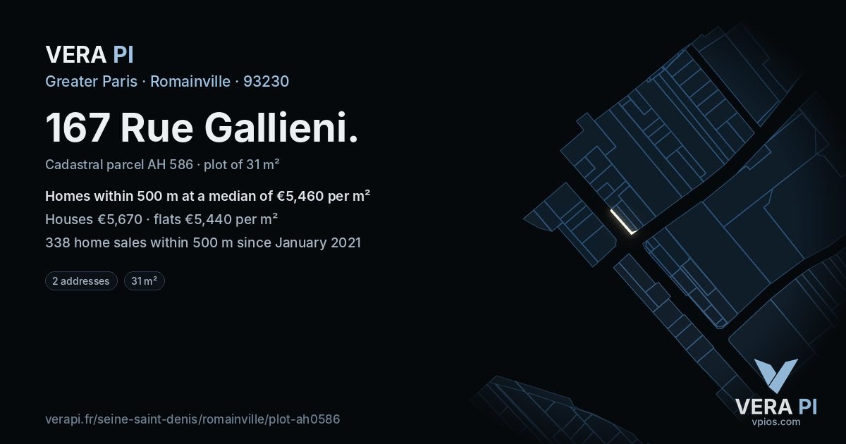 167 Rue Gallieni, Romainville at night – the plot lit, the parcels around coloured by the prices near them