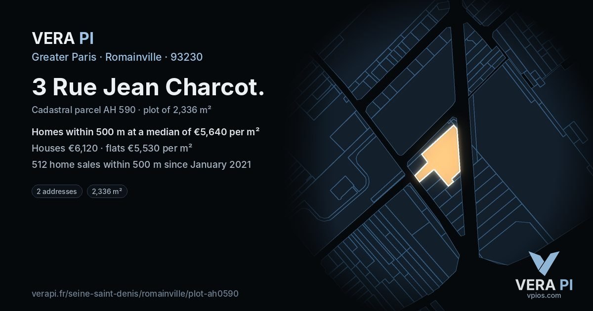 3 Rue Jean Charcot, Romainville at night – the plot lit, the parcels around coloured by the prices near them