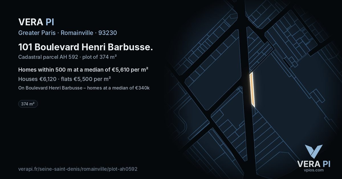 101 Boulevard Henri Barbusse, Romainville at night – the plot lit, the parcels around coloured by the prices near them