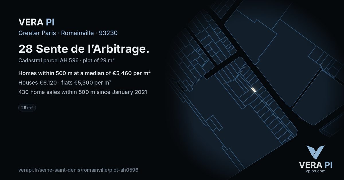 28 Sente de l’Arbitrage, Romainville at night – the plot lit, the parcels around coloured by the prices near them