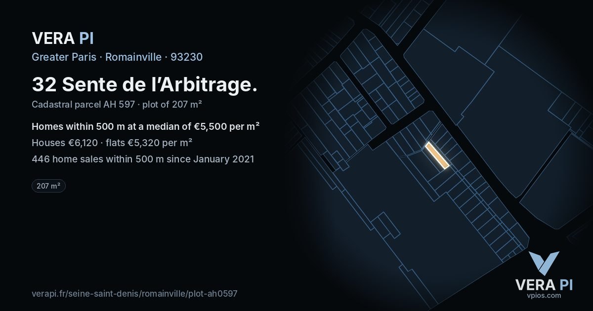 32 Sente de l’Arbitrage, Romainville at night – the plot lit, the parcels around coloured by the prices near them