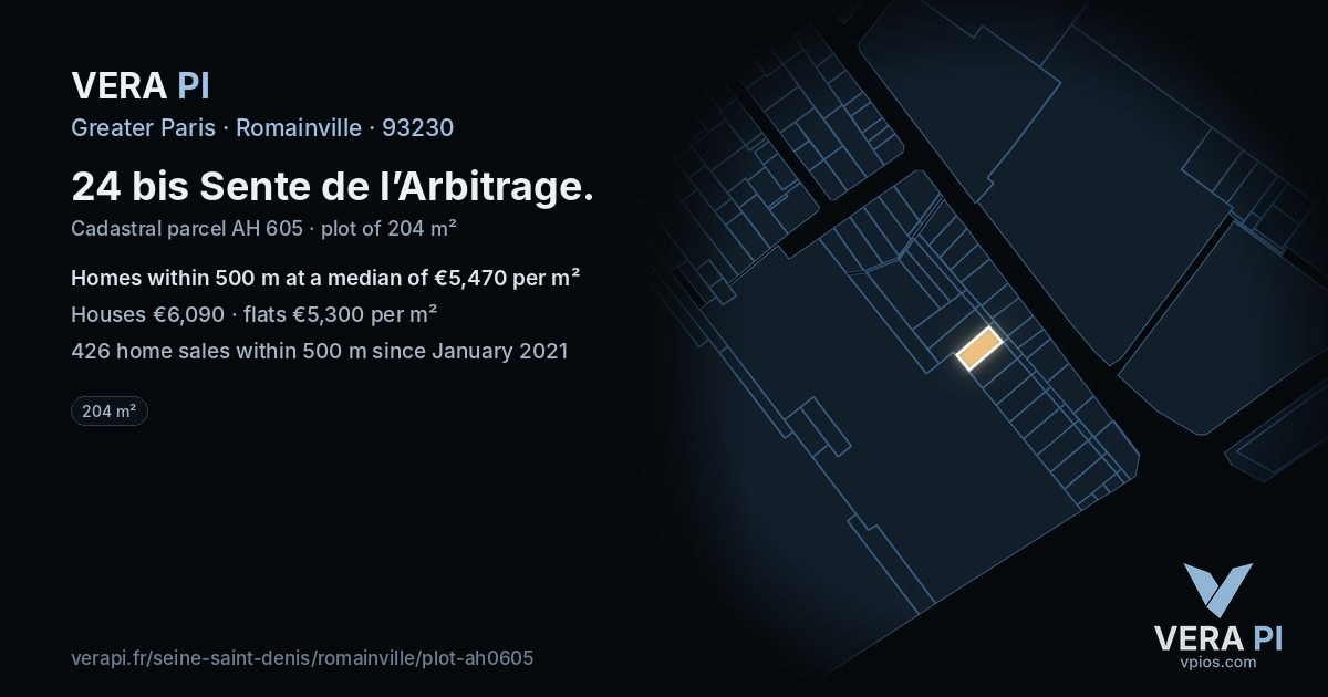 24 bis Sente de l’Arbitrage, Romainville at night – the plot lit, the parcels around coloured by the prices near them