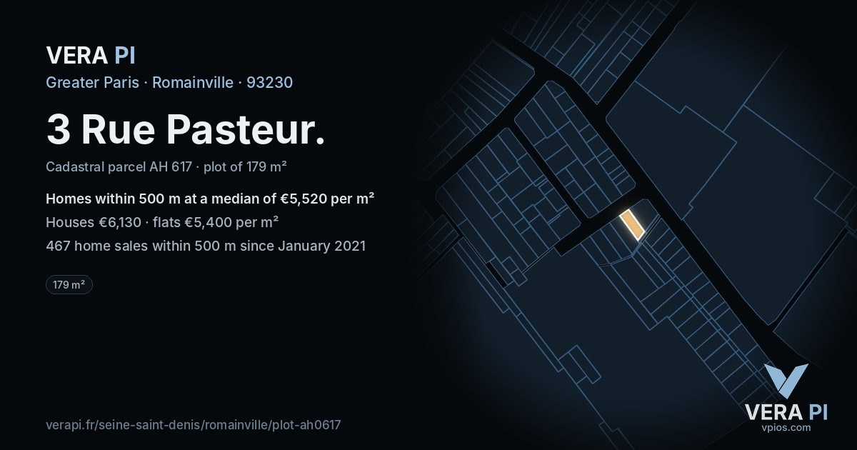 3 Rue Pasteur, Romainville at night – the plot lit, the parcels around coloured by the prices near them