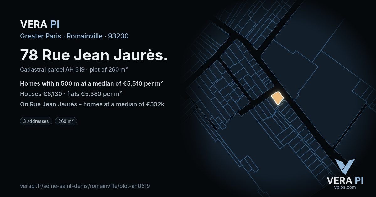 78 Rue Jean Jaurès, Romainville at night – the plot lit, the parcels around coloured by the prices near them