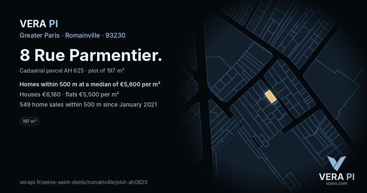 8 Rue Parmentier, Romainville at night – the plot lit, the parcels around coloured by the prices near them