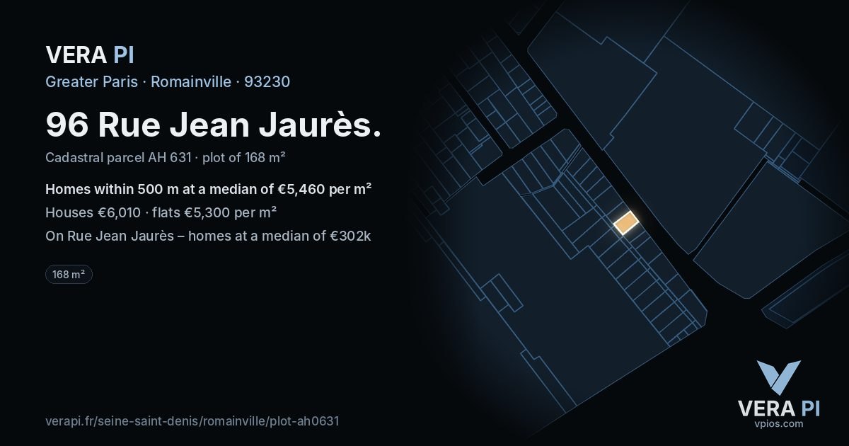 96 Rue Jean Jaurès, Romainville at night – the plot lit, the parcels around coloured by the prices near them