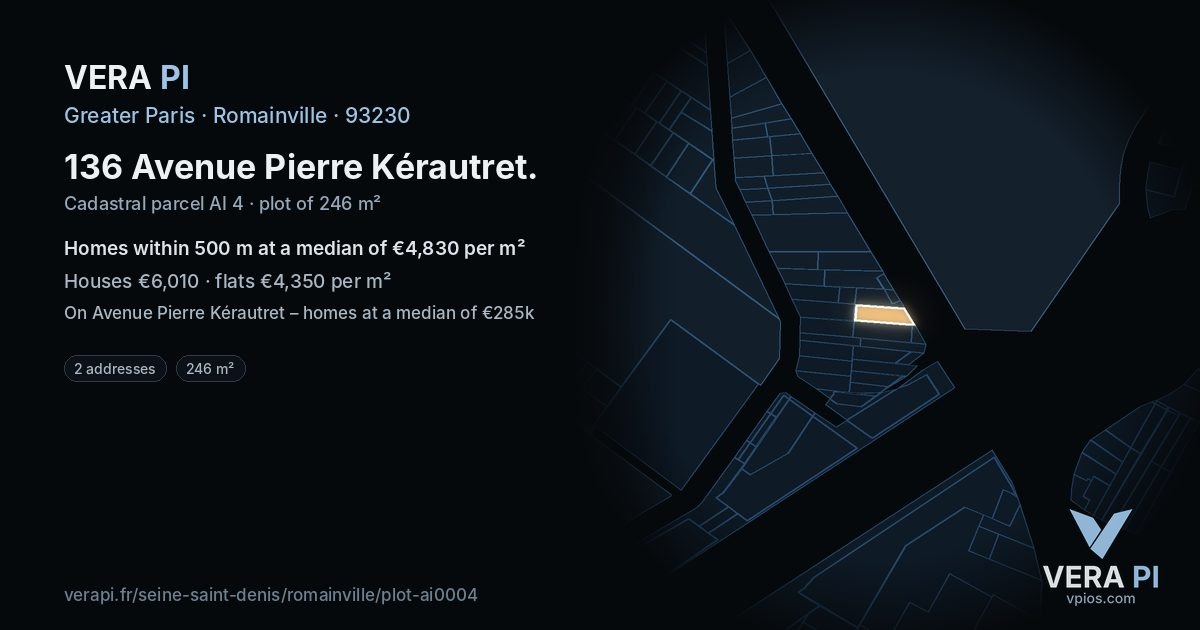 136 Avenue Pierre Kérautret, Romainville at night – the plot lit, the parcels around coloured by the prices near them