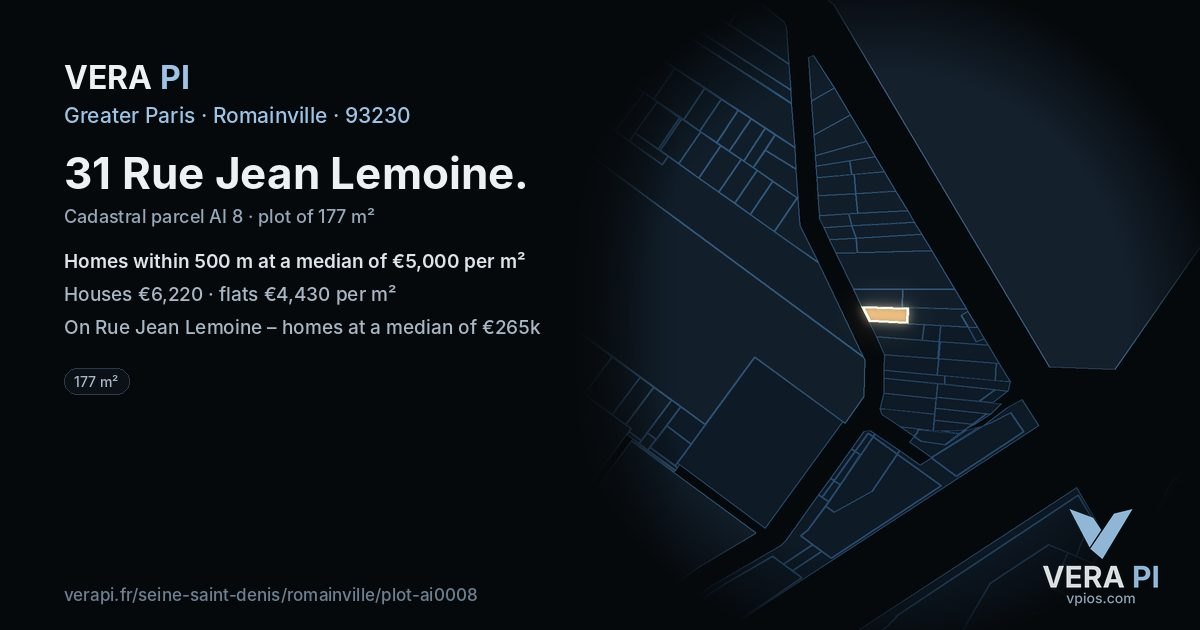 31 Rue Jean Lemoine, Romainville at night – the plot lit, the parcels around coloured by the prices near them