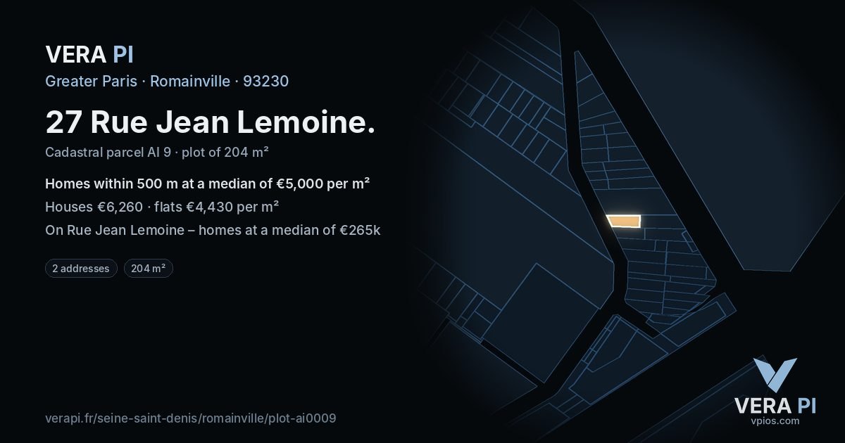 27 Rue Jean Lemoine, Romainville at night – the plot lit, the parcels around coloured by the prices near them