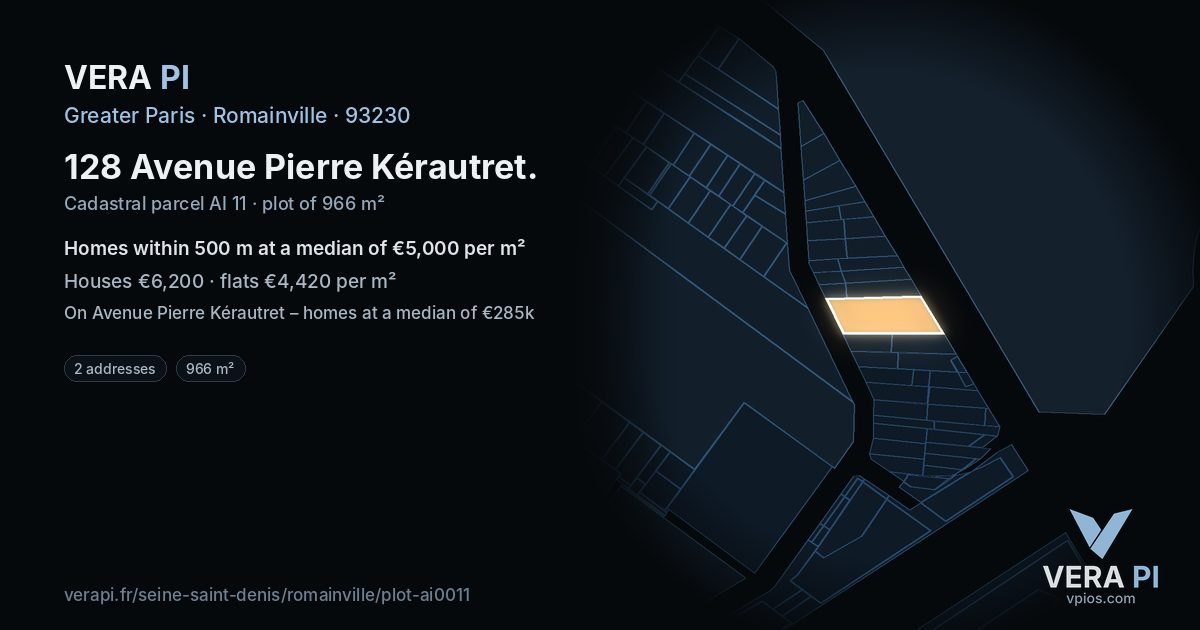 128 Avenue Pierre Kérautret, Romainville at night – the plot lit, the parcels around coloured by the prices near them