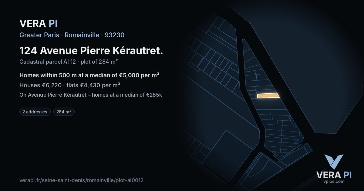 124 Avenue Pierre Kérautret, Romainville at night – the plot lit, the parcels around coloured by the prices near them