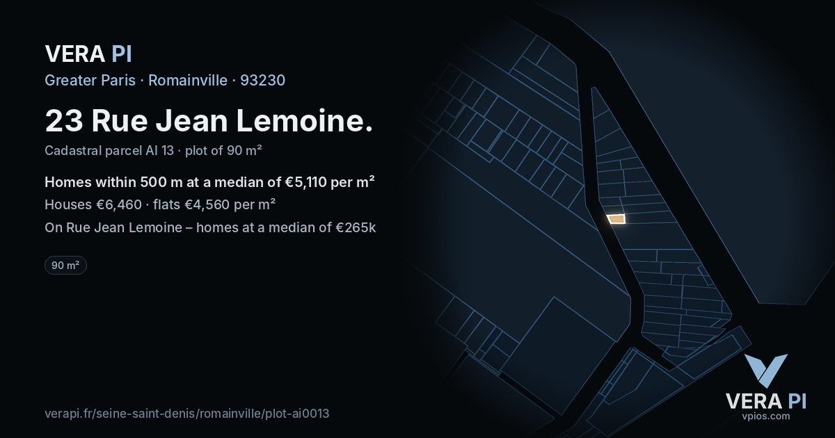 23 Rue Jean Lemoine, Romainville at night – the plot lit, the parcels around coloured by the prices near them