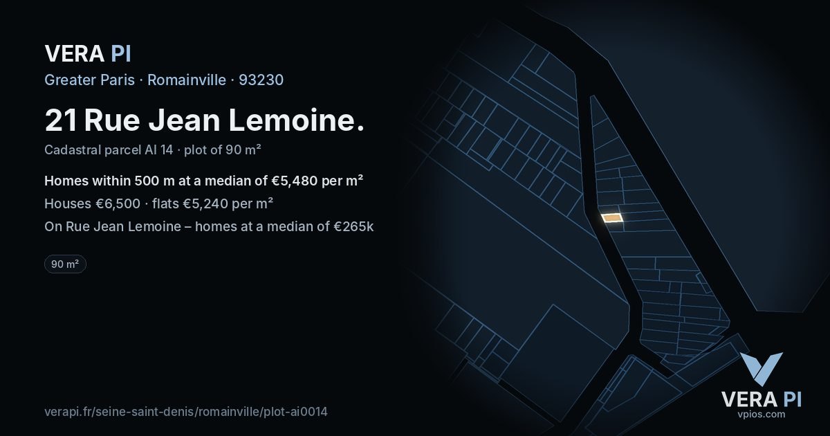21 Rue Jean Lemoine, Romainville at night – the plot lit, the parcels around coloured by the prices near them