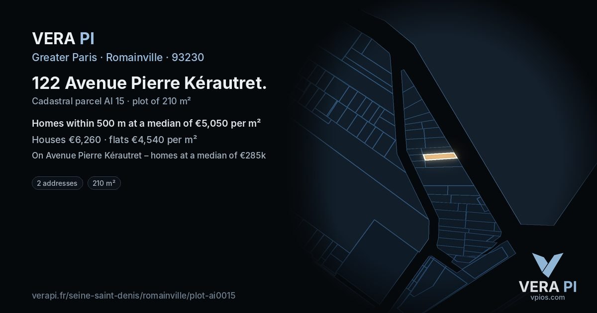 122 Avenue Pierre Kérautret, Romainville at night – the plot lit, the parcels around coloured by the prices near them