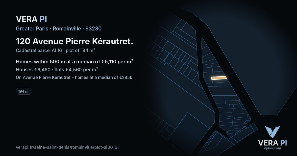 120 Avenue Pierre Kérautret, Romainville at night – the plot lit, the parcels around coloured by the prices near them