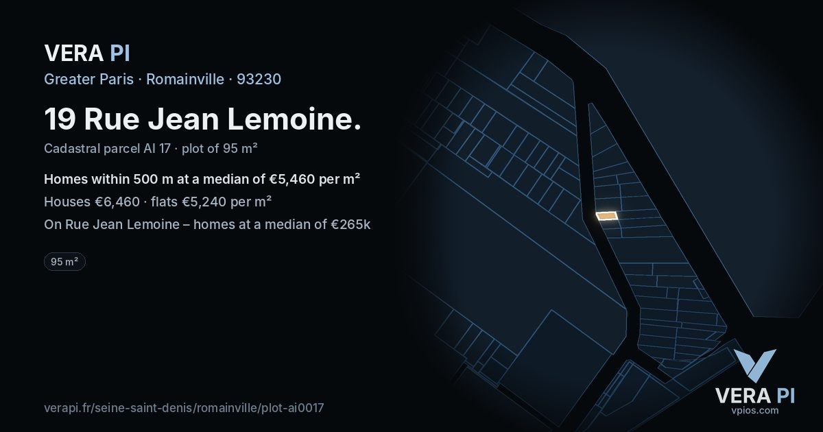 19 Rue Jean Lemoine, Romainville at night – the plot lit, the parcels around coloured by the prices near them