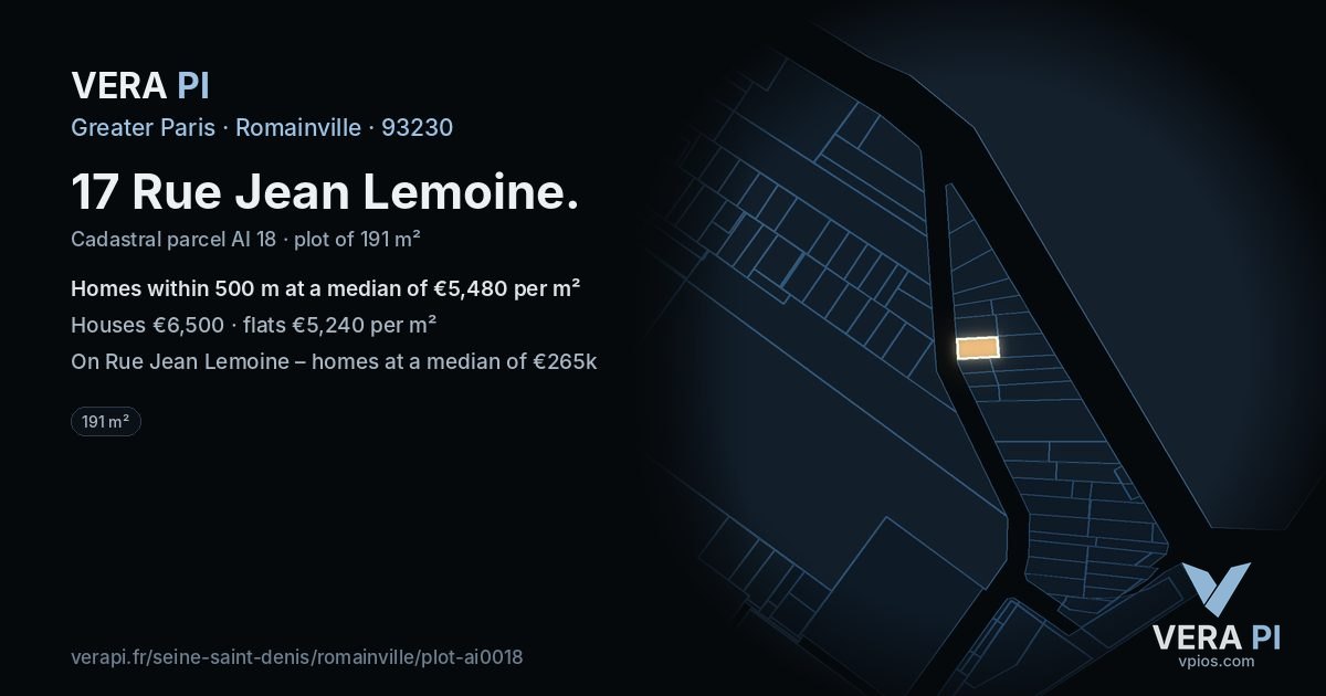 17 Rue Jean Lemoine, Romainville at night – the plot lit, the parcels around coloured by the prices near them