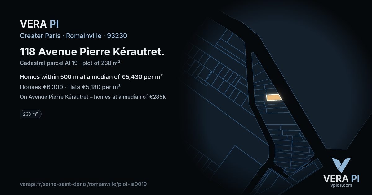 118 Avenue Pierre Kérautret, Romainville at night – the plot lit, the parcels around coloured by the prices near them