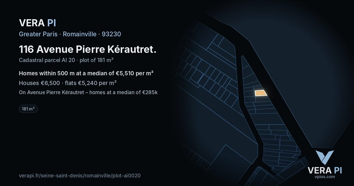 116 Avenue Pierre Kérautret, Romainville at night – the plot lit, the parcels around coloured by the prices near them