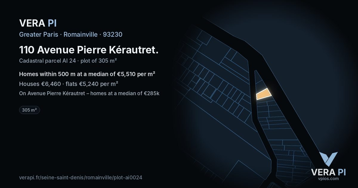 110 Avenue Pierre Kérautret, Romainville at night – the plot lit, the parcels around coloured by the prices near them