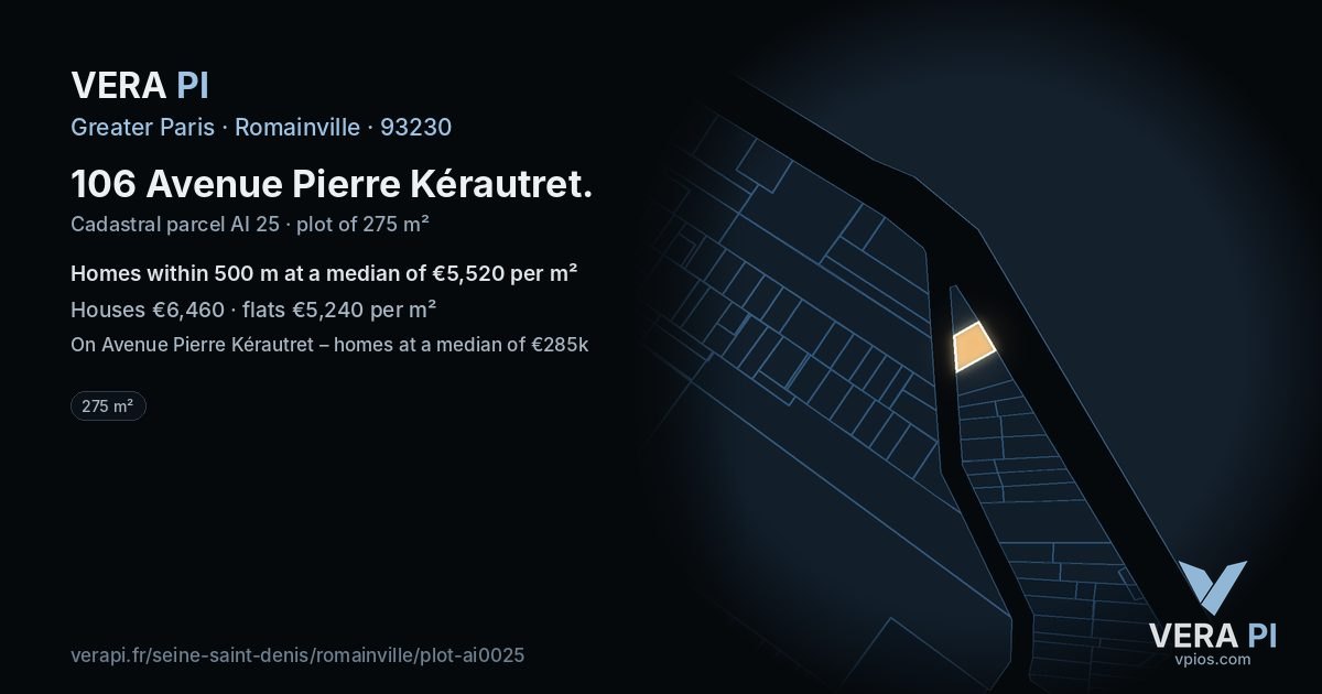 106 Avenue Pierre Kérautret, Romainville at night – the plot lit, the parcels around coloured by the prices near them