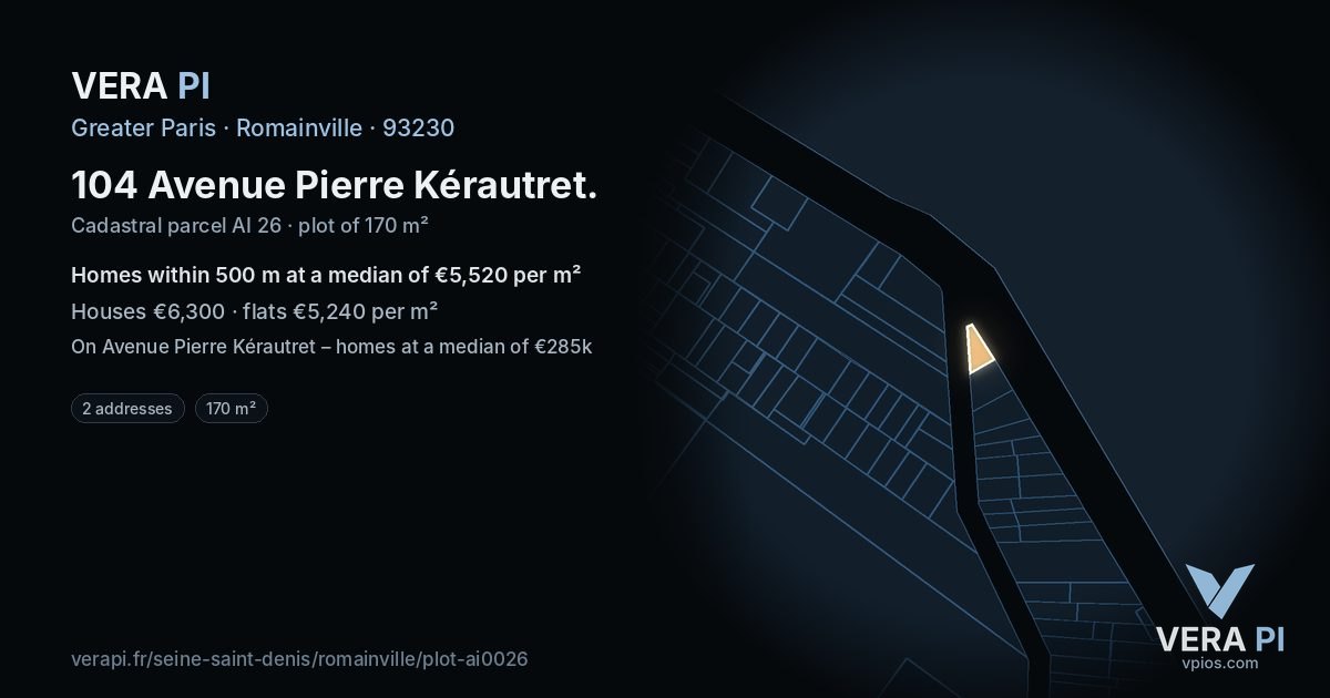 104 Avenue Pierre Kérautret, Romainville at night – the plot lit, the parcels around coloured by the prices near them