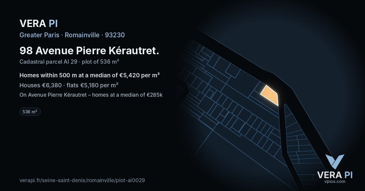 98 Avenue Pierre Kérautret, Romainville at night – the plot lit, the parcels around coloured by the prices near them