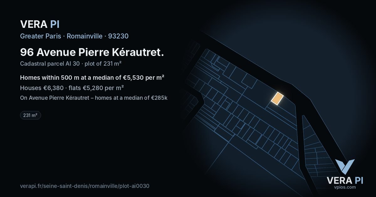 96 Avenue Pierre Kérautret, Romainville at night – the plot lit, the parcels around coloured by the prices near them