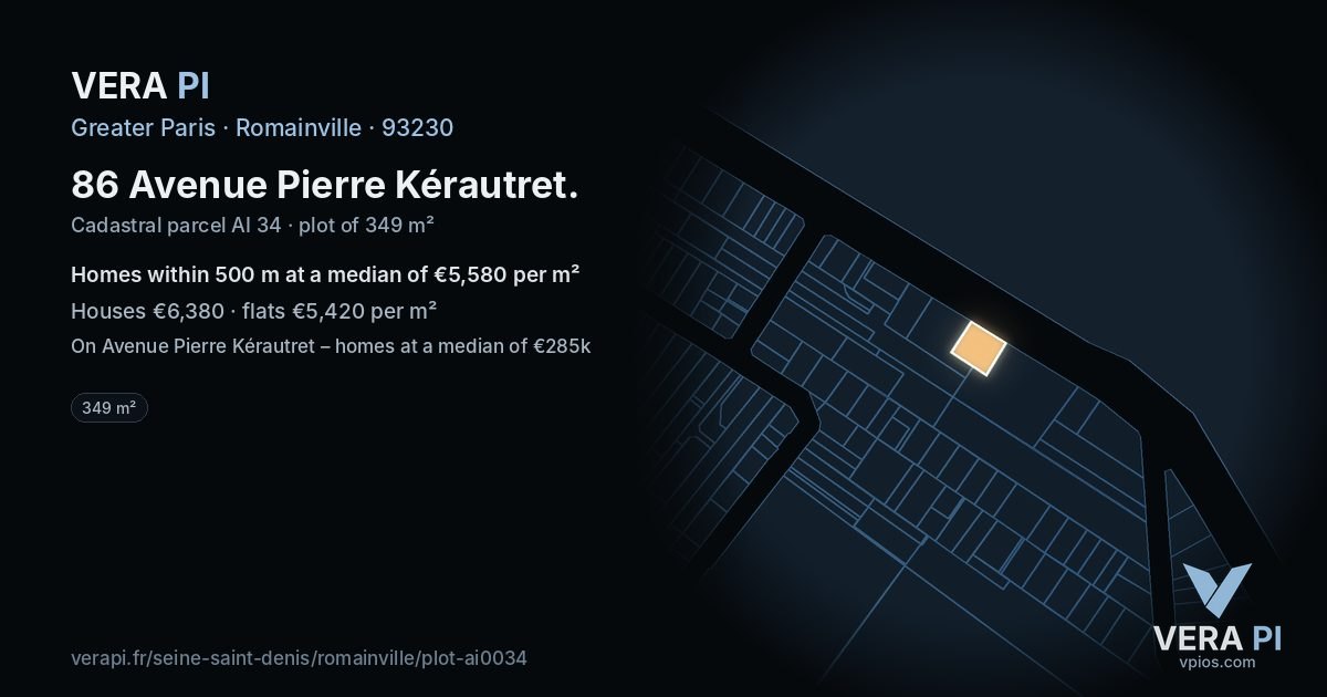 86 Avenue Pierre Kérautret, Romainville at night – the plot lit, the parcels around coloured by the prices near them