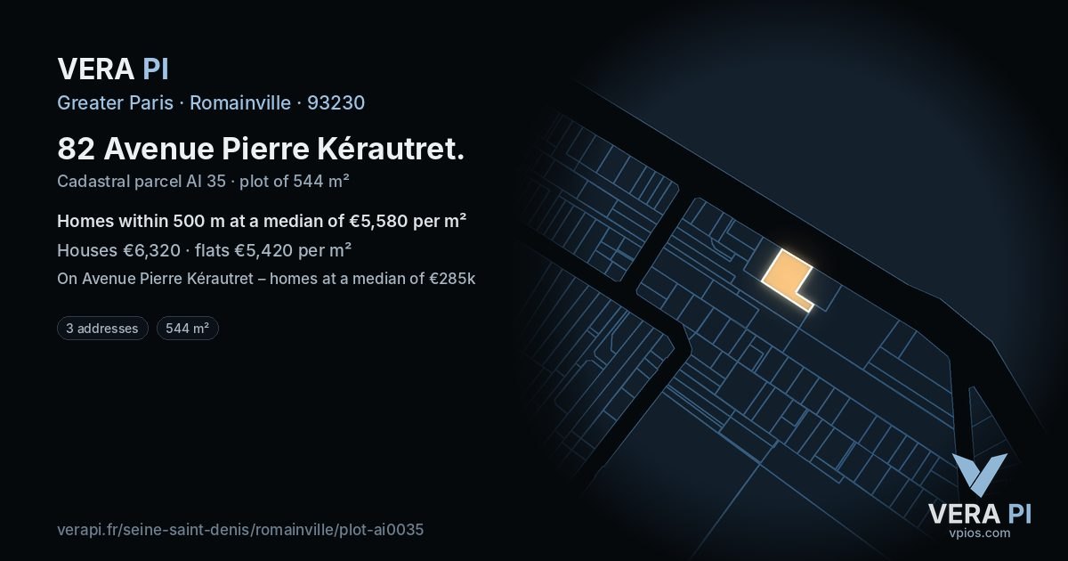 82 Avenue Pierre Kérautret, Romainville at night – the plot lit, the parcels around coloured by the prices near them