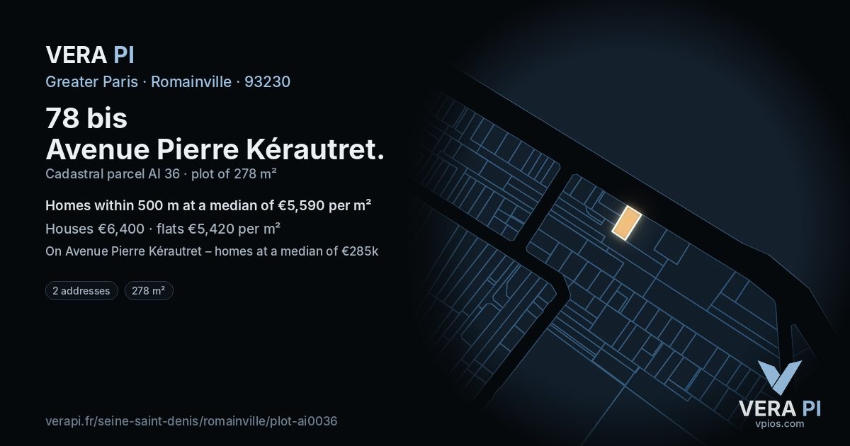 78 bis Avenue Pierre Kérautret, Romainville at night – the plot lit, the parcels around coloured by the prices near them