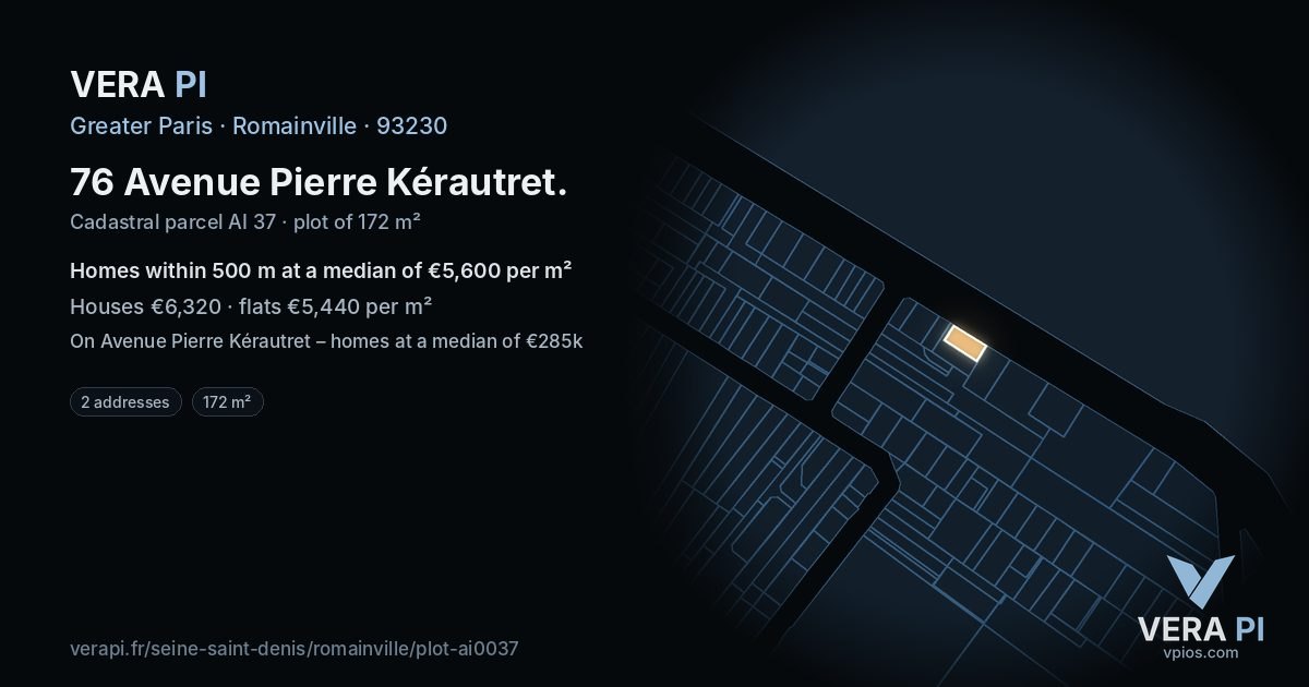 76 Avenue Pierre Kérautret, Romainville at night – the plot lit, the parcels around coloured by the prices near them