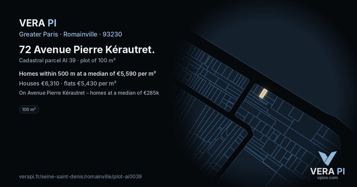 72 Avenue Pierre Kérautret, Romainville at night – the plot lit, the parcels around coloured by the prices near them