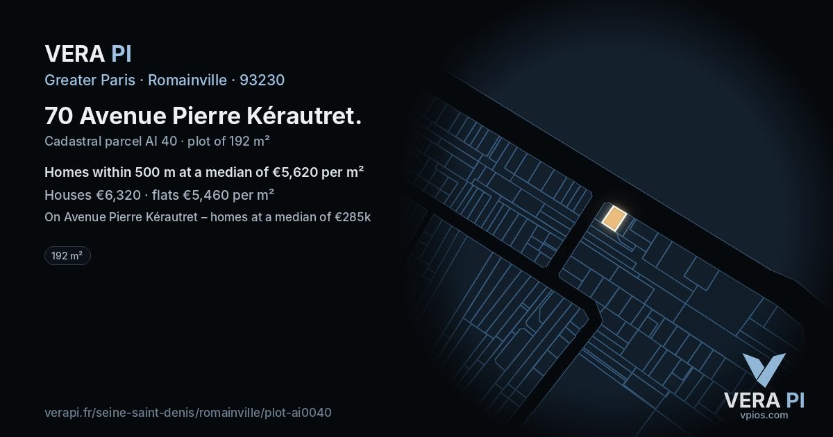 70 Avenue Pierre Kérautret, Romainville at night – the plot lit, the parcels around coloured by the prices near them