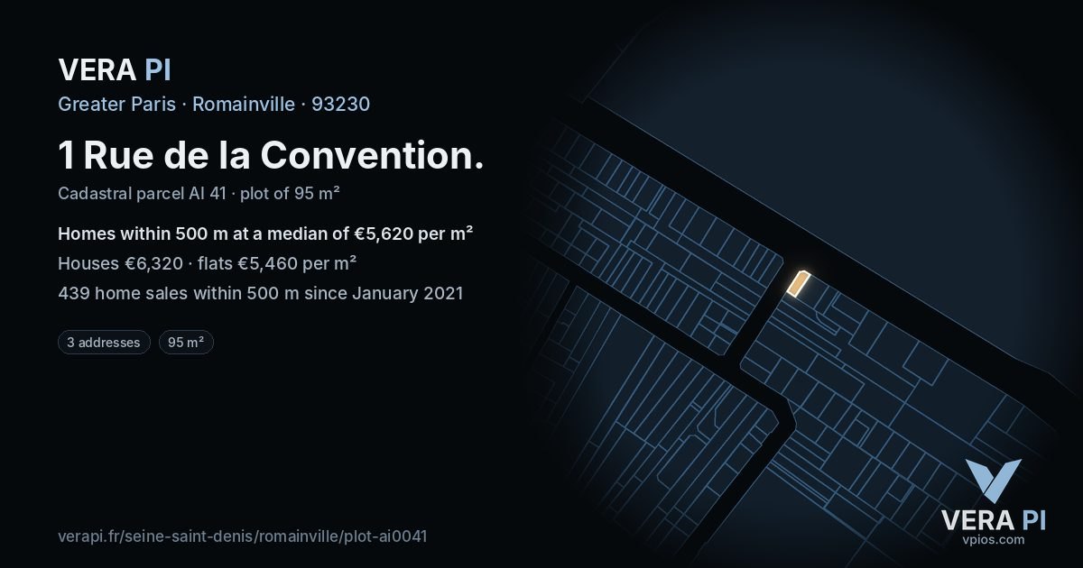 1 Rue de la Convention, Romainville at night – the plot lit, the parcels around coloured by the prices near them