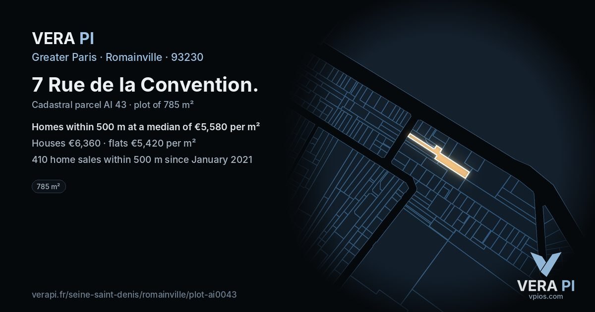 7 Rue de la Convention, Romainville at night – the plot lit, the parcels around coloured by the prices near them
