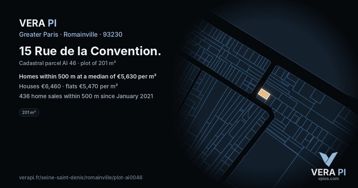 15 Rue de la Convention, Romainville at night – the plot lit, the parcels around coloured by the prices near them