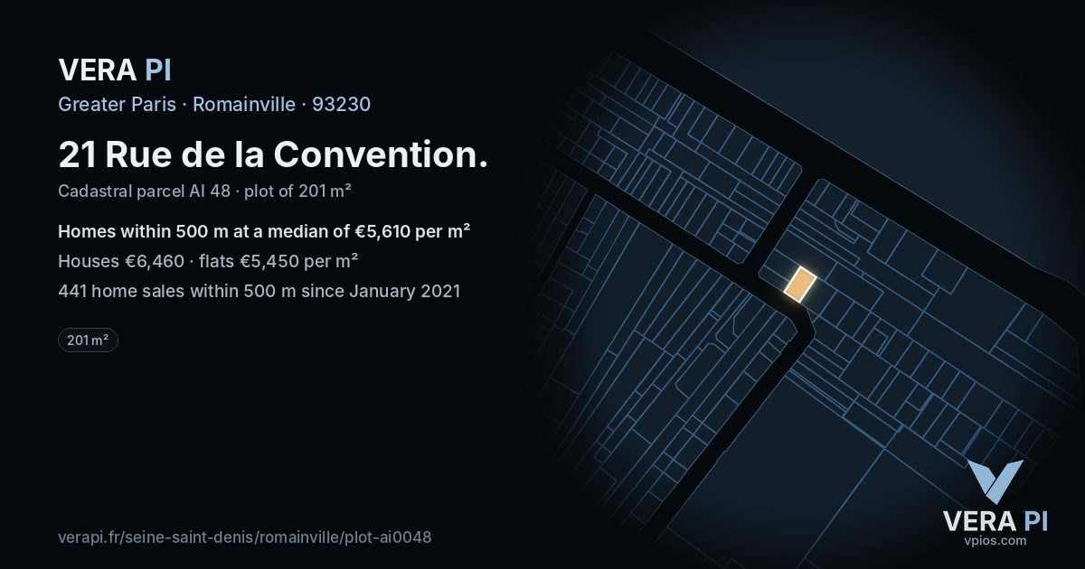21 Rue de la Convention, Romainville at night – the plot lit, the parcels around coloured by the prices near them