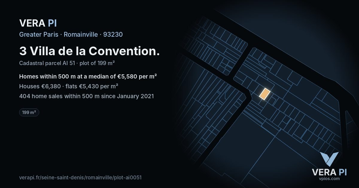 3 Villa de la Convention, Romainville at night – the plot lit, the parcels around coloured by the prices near them