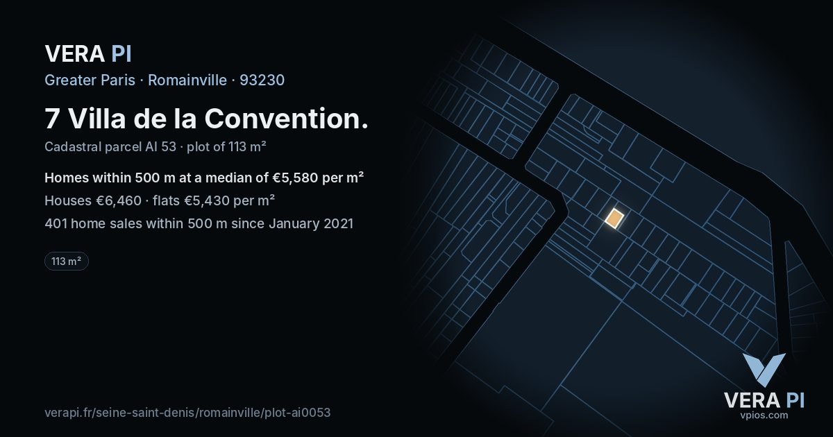 7 Villa de la Convention, Romainville at night – the plot lit, the parcels around coloured by the prices near them