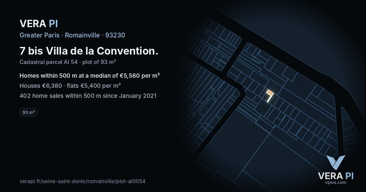 7 bis Villa de la Convention, Romainville at night – the plot lit, the parcels around coloured by the prices near them