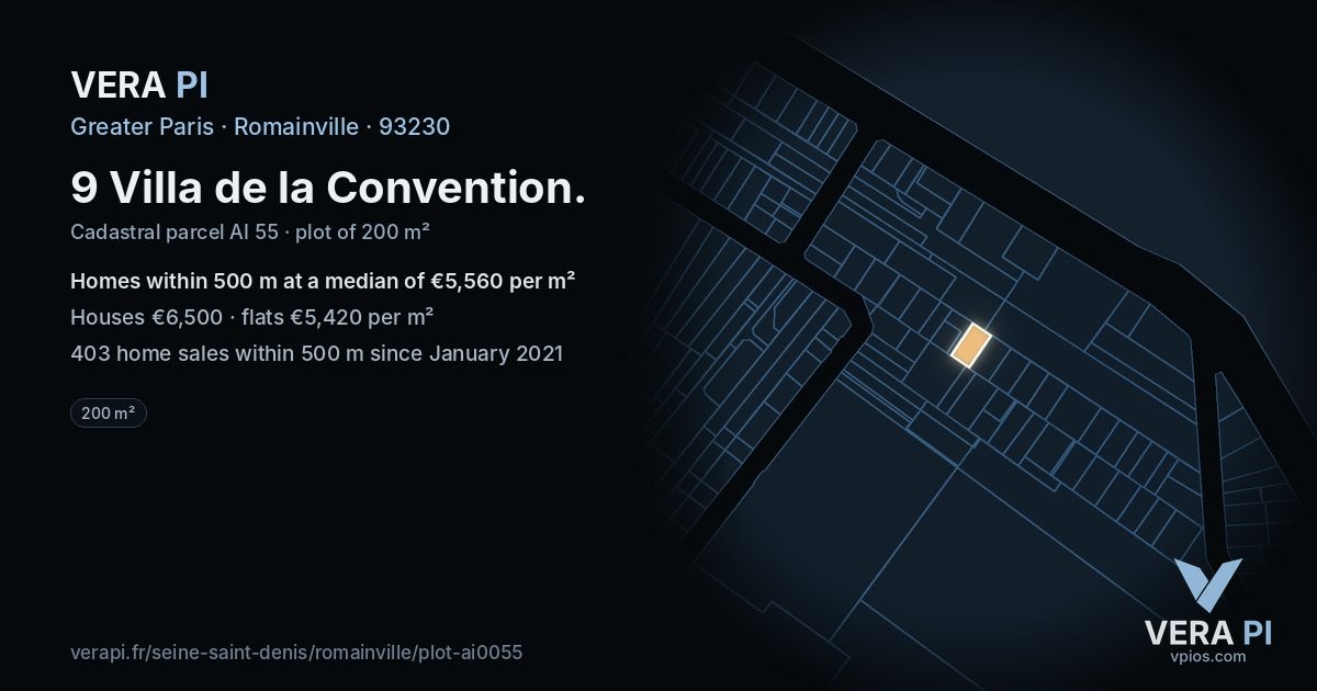 9 Villa de la Convention, Romainville at night – the plot lit, the parcels around coloured by the prices near them