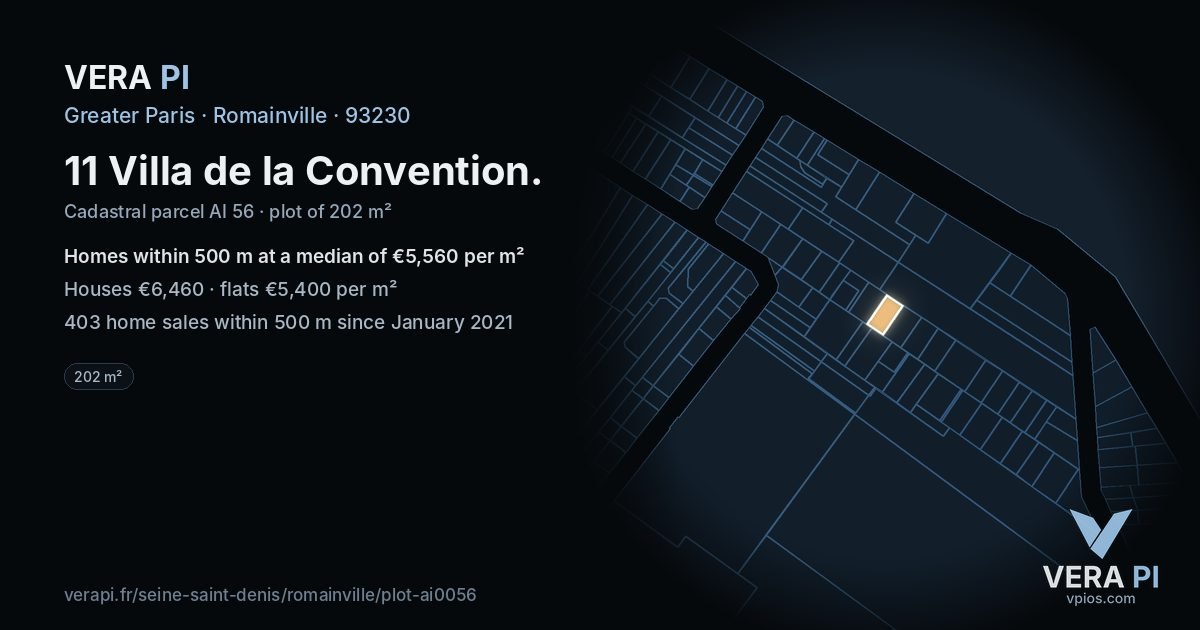 11 Villa de la Convention, Romainville at night – the plot lit, the parcels around coloured by the prices near them