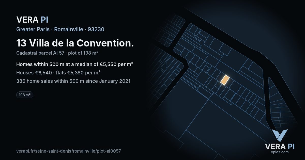 13 Villa de la Convention, Romainville at night – the plot lit, the parcels around coloured by the prices near them