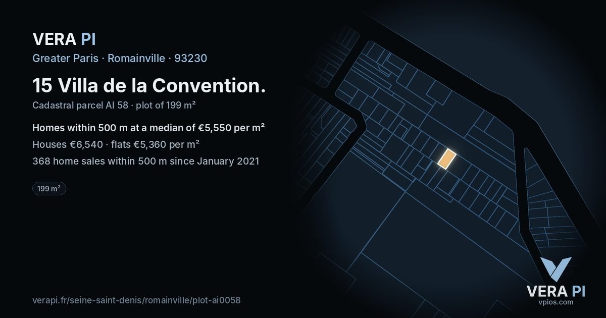 15 Villa de la Convention, Romainville at night – the plot lit, the parcels around coloured by the prices near them